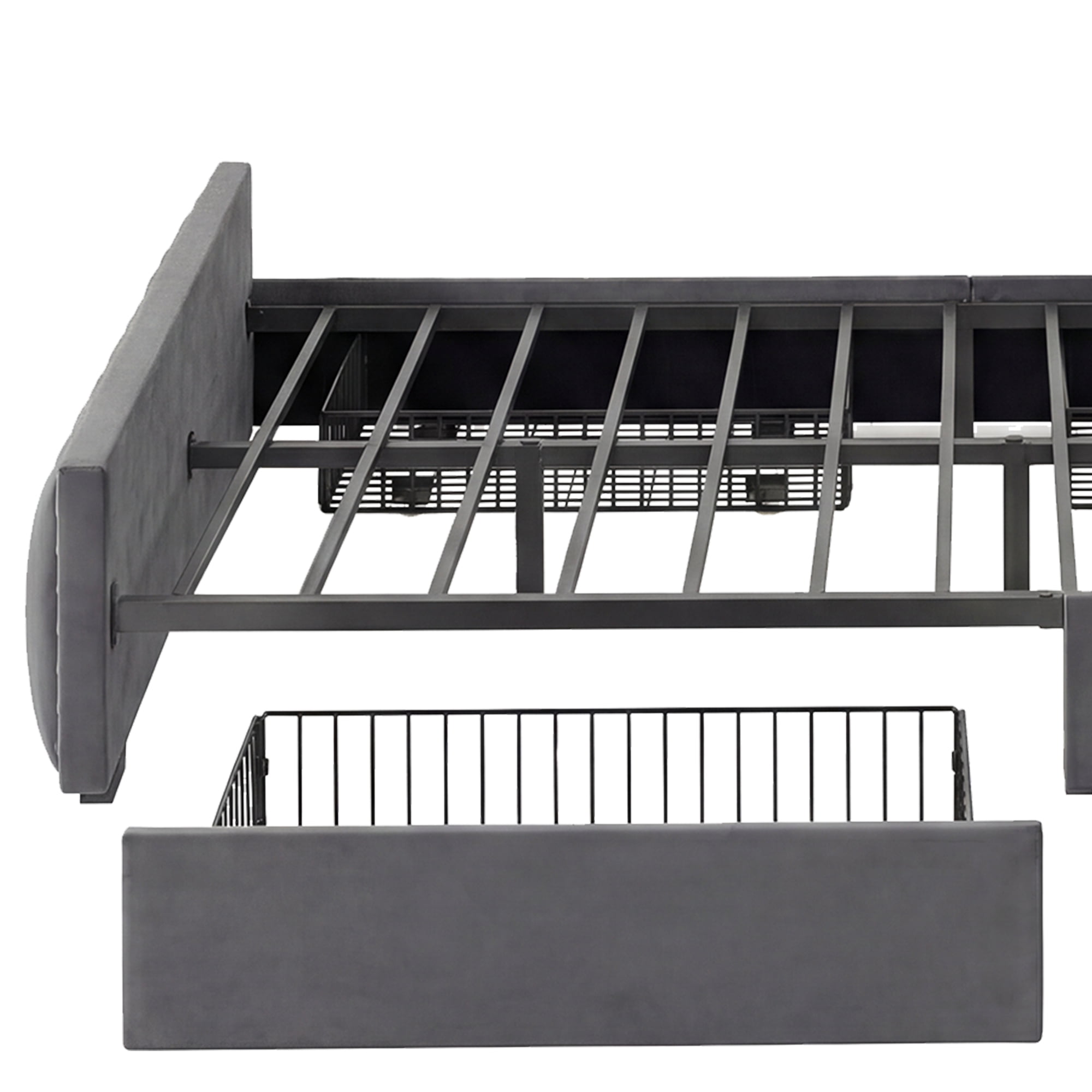 Uforic Queen Size Upholstered Platform Bed Frame, Velvet Bed with 4 Storage Drawers, RGB LED Light, Charging Station & Bookcase Headboard, Noise-Free, No Box Spring Needed, Easy Assembly, Grey