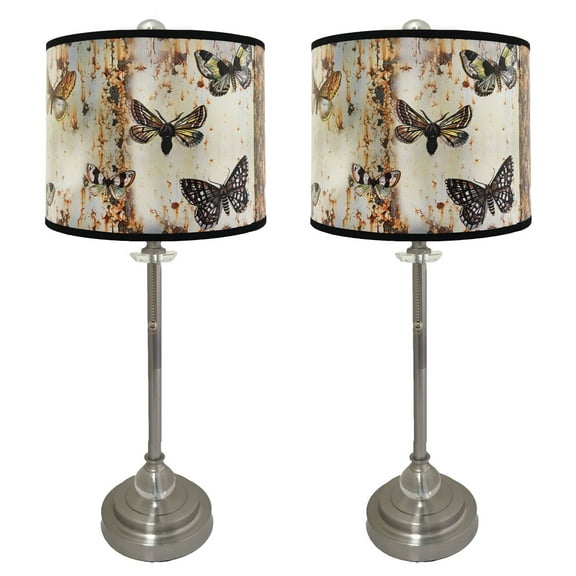 Royal Designs 28" Crystal and Brushed Nickel Buffet Lamp with Bufferfly Graphic Design Hard Back Lamp Shade, Set of 2