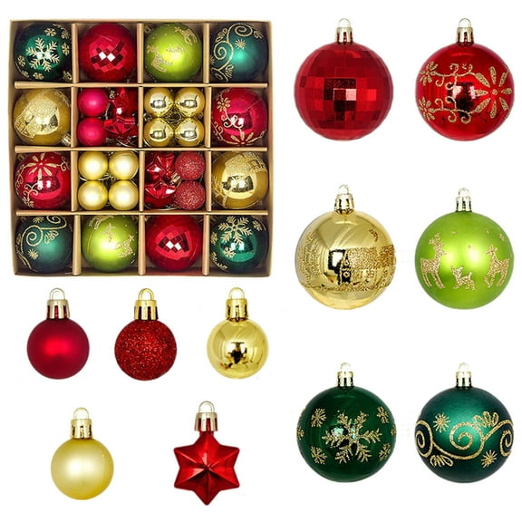 LanSuare 44Pcs Christmas Balls Ornaments, 2.3Inch Stripe Pattern Red & Green & Gold Glittering Balls, Shatterproof Hanging Ornaments for Xmas Tree, Party Decoration