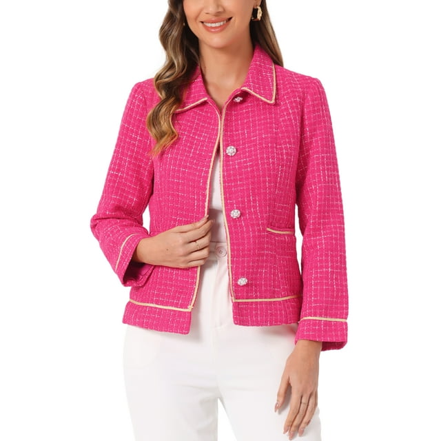 Chaquetas de cuello INSPIRE CHIC para mujer, de manga larga, con botones de perla y bolsillos, abrigos con ribete en contraste, M Rosa Fucsia