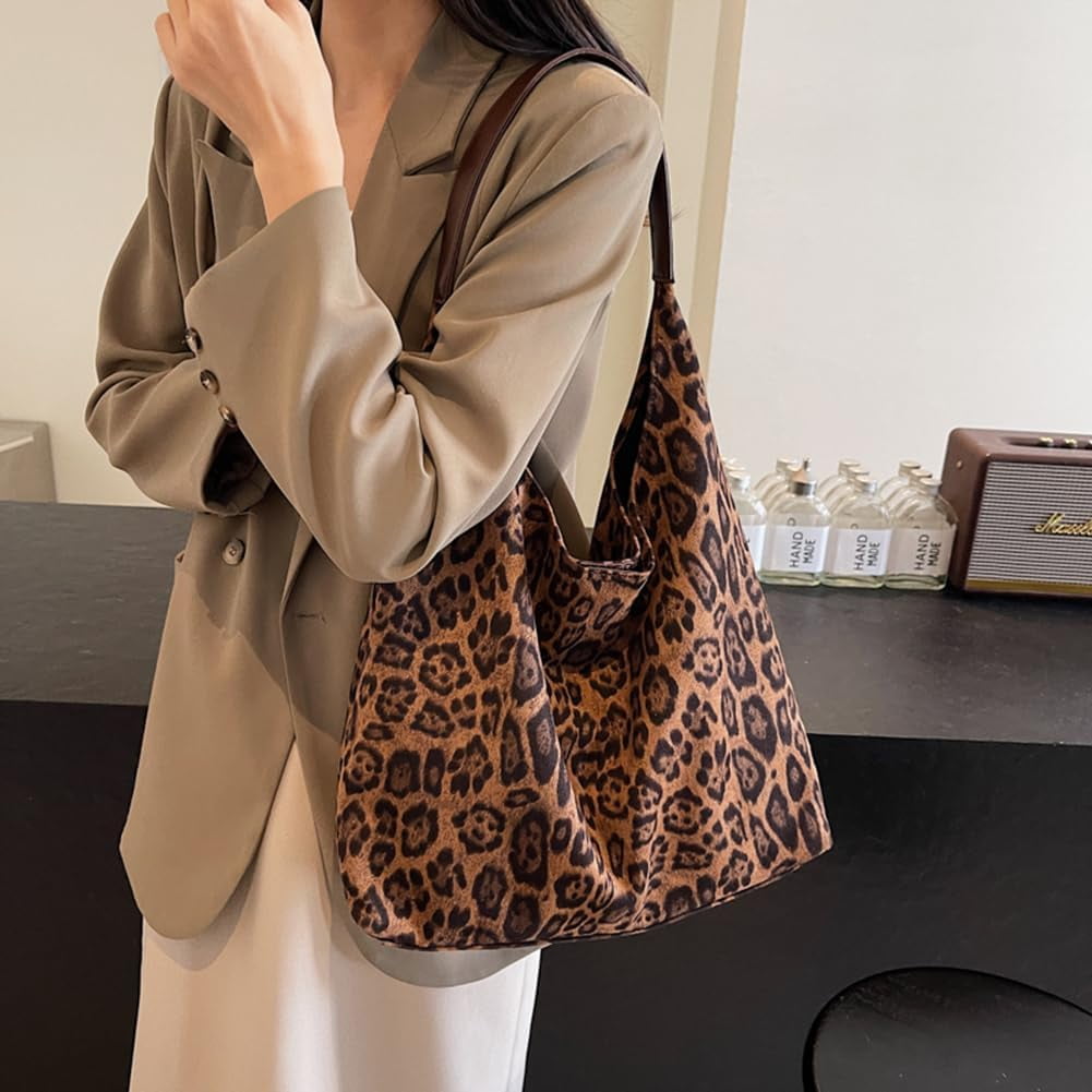 Leopard Tote Bag for Women,Cute Bag Cheetah Print Purse,Vintage Slouchy Hobo Bag Large Capacity Tote Bag Suede Bag