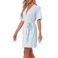 thumbnail image 4 of Bata de baño para mujer INSPIRE CHIC, de waffle, de mangas cortas, con cintas de envoltura, ropa de casa suave con bolsillo, color azul, 4 of 6