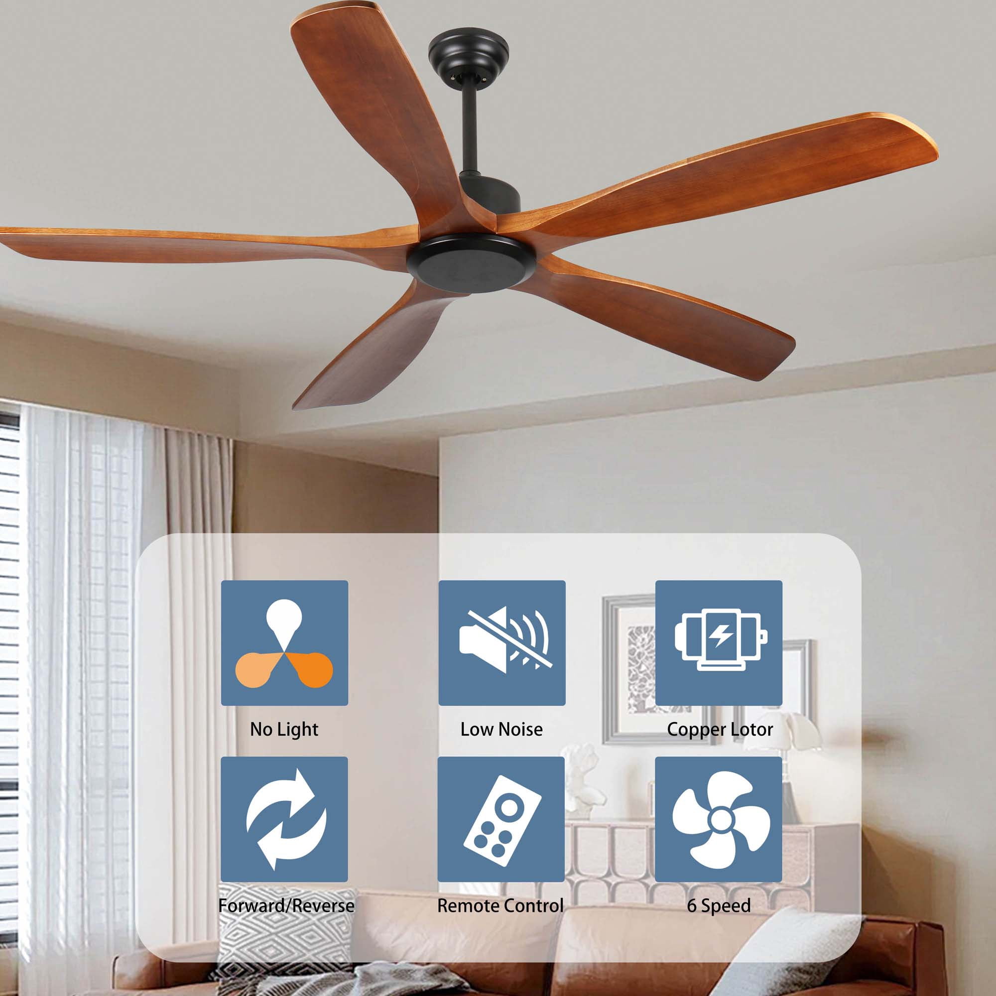 Miniyam 60 inch Wood Ceiling Fan No Light with Remote Control, Low Profile Ceiling Fan without Light, Noiseless Reversible DC Motor with Timer