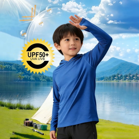 Cethrio Boys Rash Guard Shirts, Summer UPF 50 Outdoor Long Sleeve Sun Protection Shirts Light Blue Size 14-16