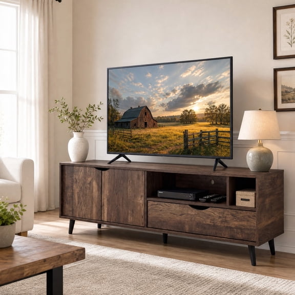 Farmhouse TV Stand for TVs up to 65", Entertainment Console Center with Storage Cabinet & Drawer, Brown