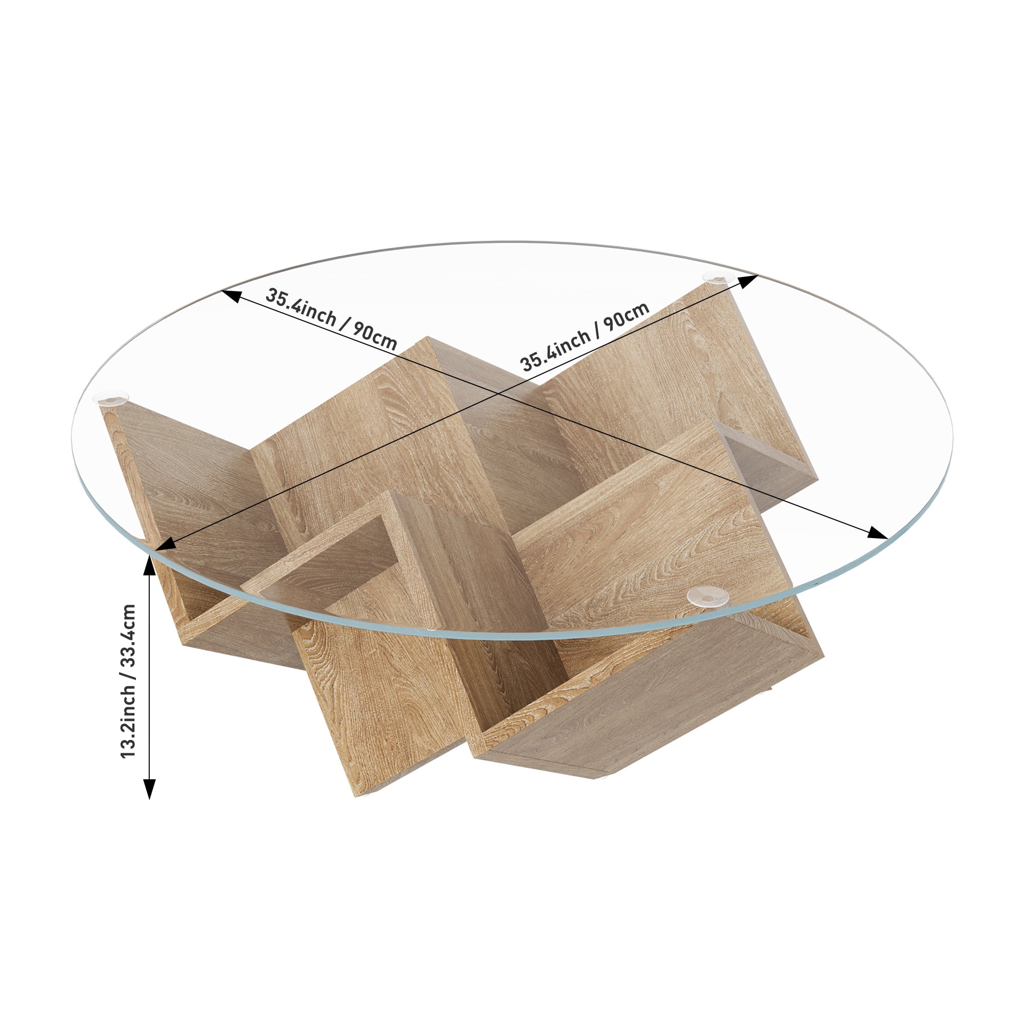 35.4-Inch Round Coffee Table with Tempered Glass Top and Geometric Art Deco Base, Storage Shelf Table and Center Table for Living Room, Natural