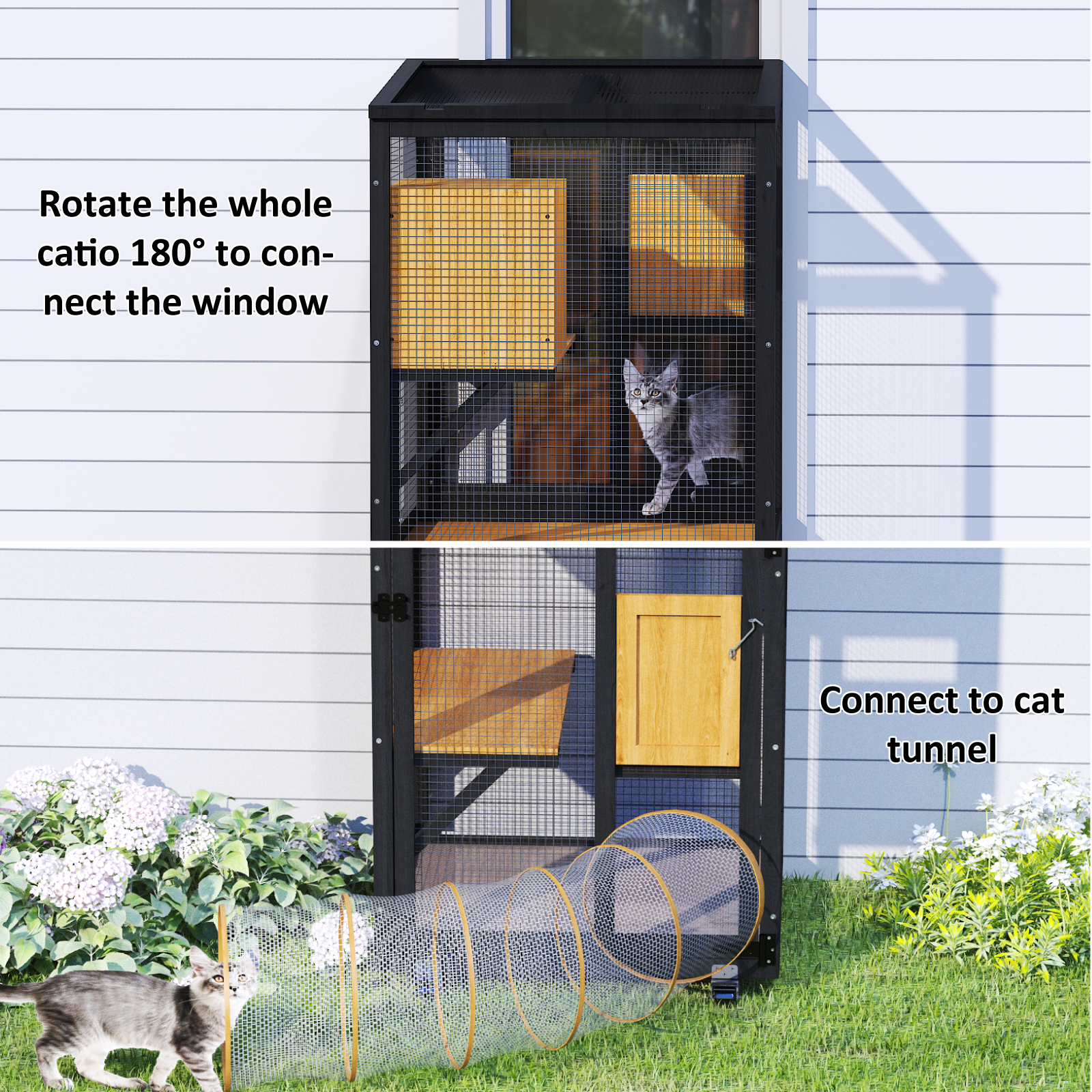 TIMHAKA Outdoor Cat Catio Enclosure, 4 Tiers Indoor Catio w/ Wheels, Resting Box, Waterproof Roof, Black & Yellow