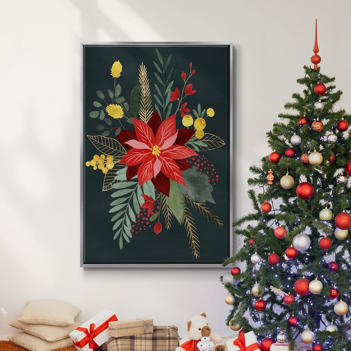 Bright Christmas Night Collection B - Framed Gallery Wrapped Holiday Canvas - 25 x 37 - Silver Frame