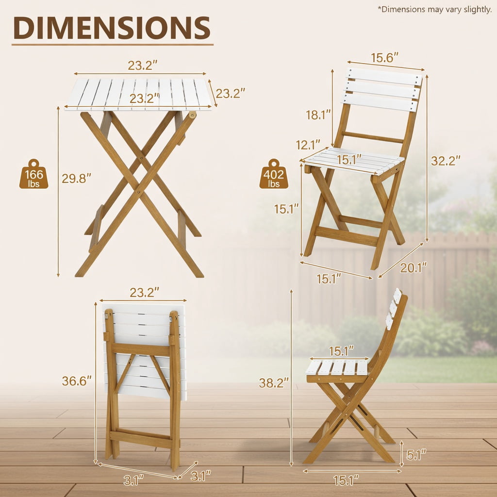Hommoo 3-Piece Foldable Acacia Wood Patio Bistro Set, Outdoor Chairs + Square Table, Space-Saving Design for Porch, Deck & Garden, Natural