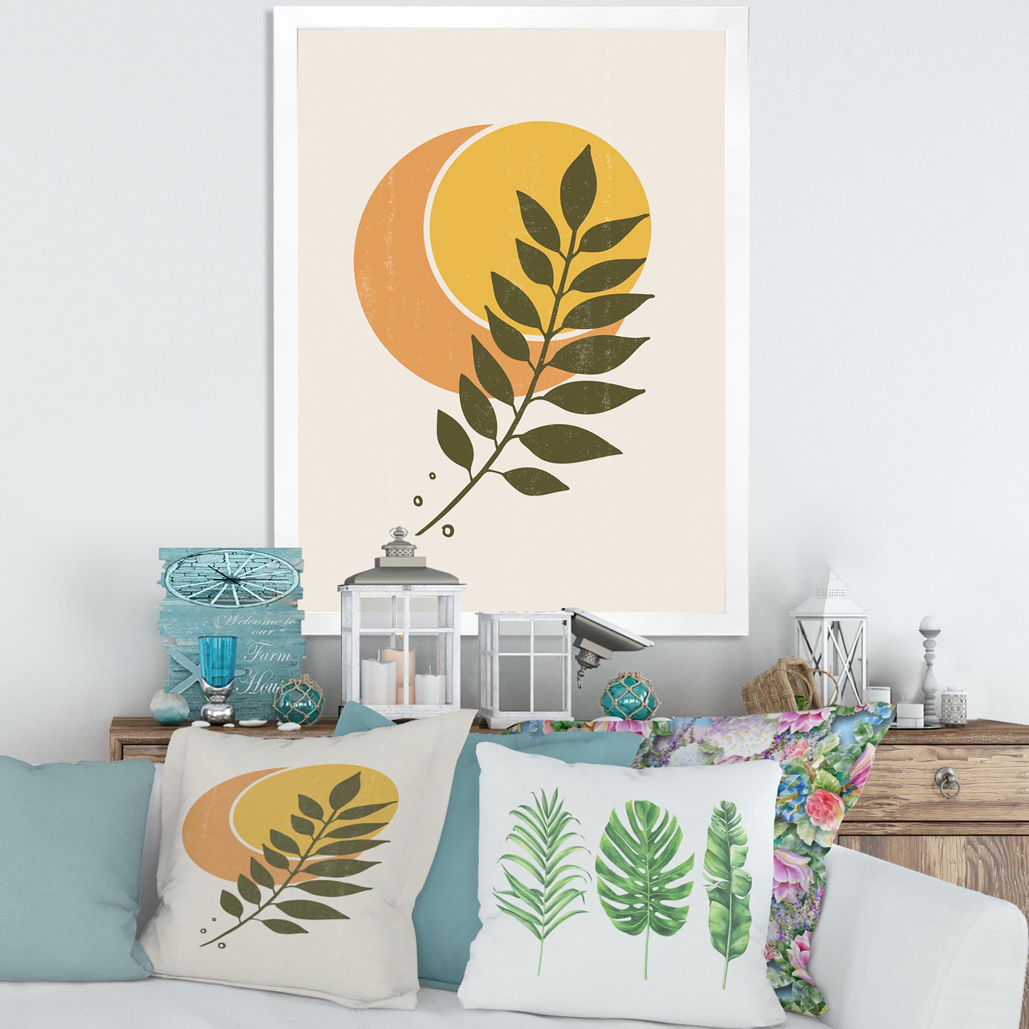 Designart 'Abstract Geometrical Moon and Sun With Leaf V' Modern Framed Art Print