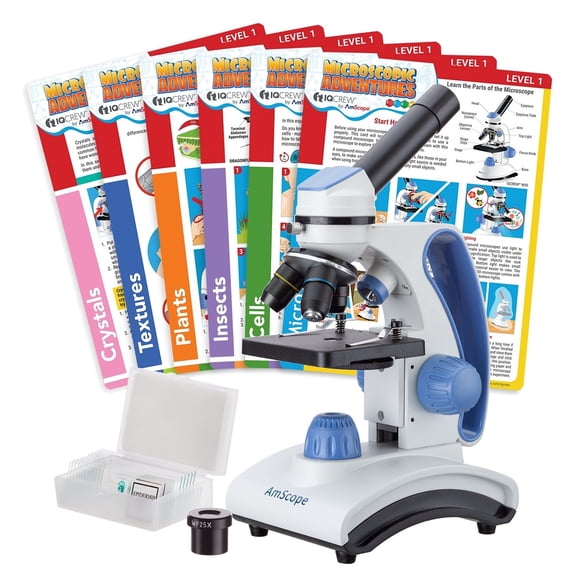 AmScope 40X-1000X Monocular Student Microscope with Coarse-focus   10-piece Slide Set   Experiment Cards