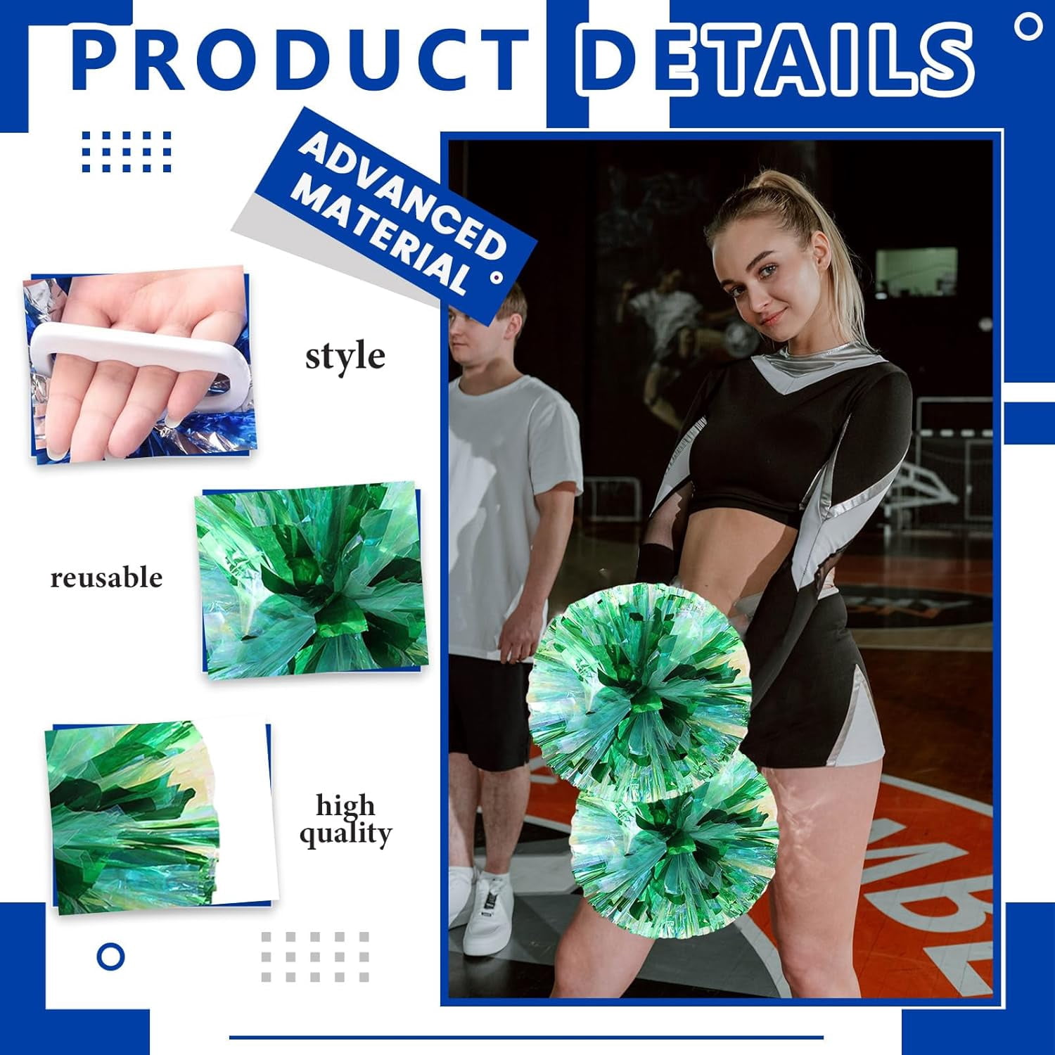 Cheerleader Pom Poms 12 Pack Sports Dance Cheering Plastic Metallic Cheerleading Pom Poms for Kids Adults