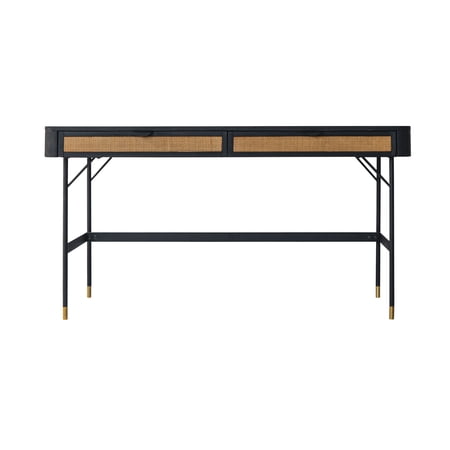 2 Drawer Desk Black Acacia Rattan Computer Writing Table Home Office