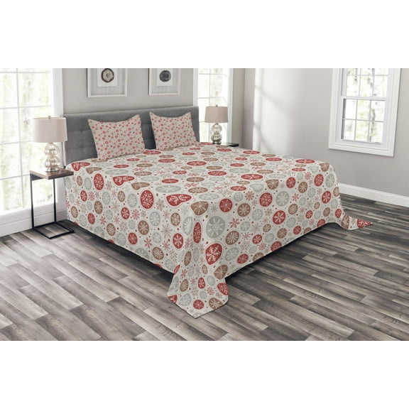 Ambesonne Christmas Quilted Bedspread Set 3 Pcs, Snowflakes Print, Queen Size, Ruby Pale Grey