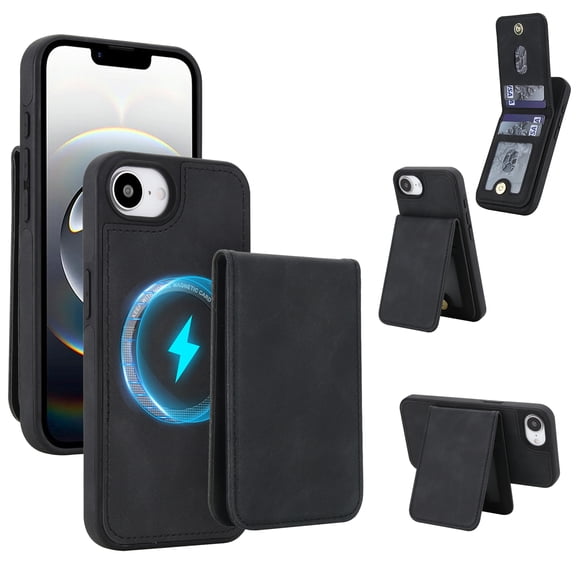 Classic Business Case for iPhone 16e, Magnetic PU Leather TPU Cover with Detachable Card Holder Kickstand Ultra Slim Shockproof Protective Case for iPhone 16e, Black