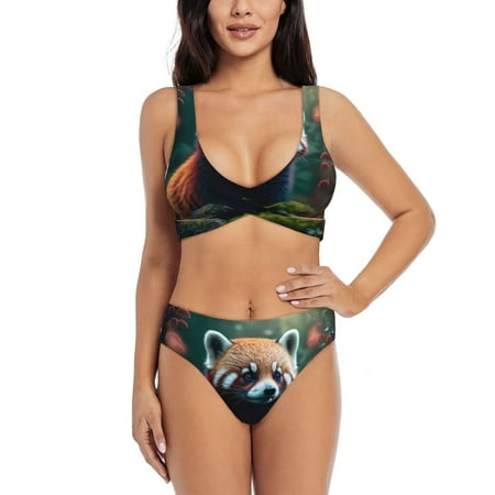 Zeuib Forest Plant Raccoon High Waisted Tummy Control Bikini Set - Knot Front Push Up Top & Cheeky Thong Bottom  Two-Piece Swimsuit for Women-Large