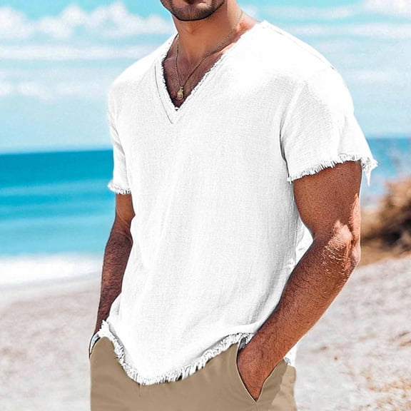 V Neck T Shirts for Men Soild Color Linen Short Sleeve Tee Shirts Fashion Casual Basic Summer Tops for Beach Vacation