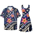 thumbnail image 2 of Jiueut Blue Polynesia Plumeria Flower Pattern Couple Matching Outfit Hawaiian Men's Button Down Shirt or Women's Sleeveless Sundress Summer Dress for Beach Vacation Cruise Luau Family, 3XL, 2 of 5
