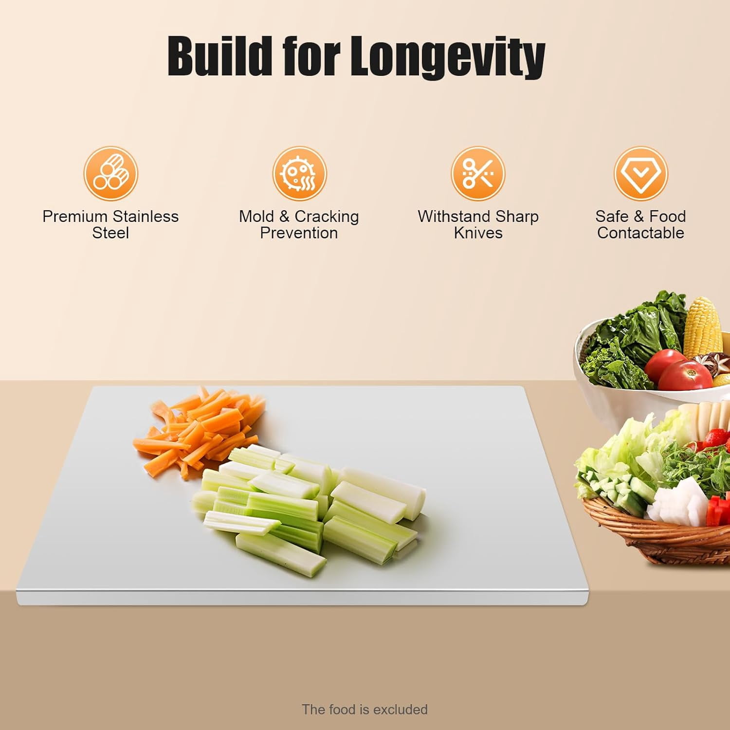Stainless Steel Cutting Board 23.6 X 19.6 X 0.59 In with L-Shaped Rim for Kitchen Food Preparation