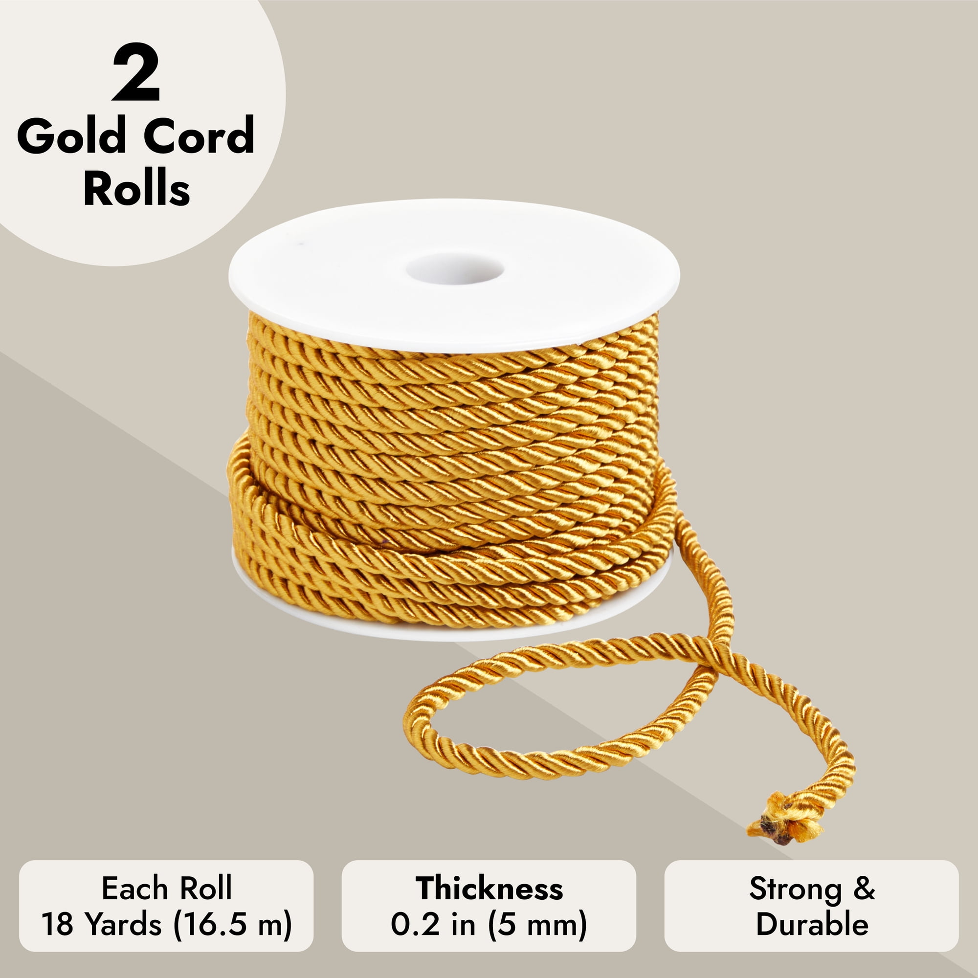 Tenn Well 5mm Twisted Cord Trim, 59 Feet Gold Decorative Rope for Curtain  Tieback, Upholstery, Honor Cord, Home Decor