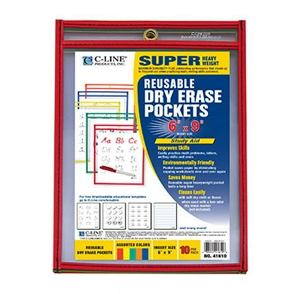 C-Line Products Inc CLI C Line Reusable 10Pk 6X9 Dry Erase Pockets Assorted Primary