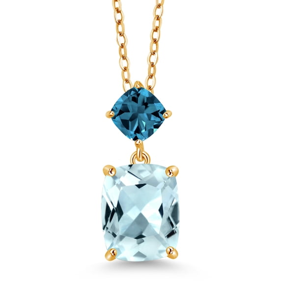 18K Yellow Gold Plated Silver Sky Blue Simulated Aquamarine and London Blue Topaz Pendant Necklace for Women (4.70 Cttw, Gemstone Birthstone, Cushion Cut: 10X8MM and 5MM, with 18 inch Silver Chain)