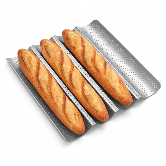 4-Loaf Perforated Nonstick Baguette Baking Tray, Premium Baguette Bread Pan for Sourdough & Italian Bread, Bake French Bread with Crisp Golden-Brown Crust, Silver