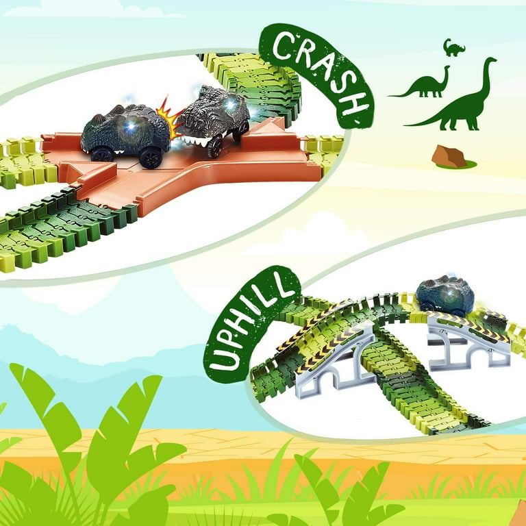  Dinosaur Toys, 201Pcs Create A Dinosaur World Road Race with  Rolling Ball 8 Dino and 2 Race Cars for Boys & Girls Ages 3 4 5 6 7,  Flexible Train Tracks