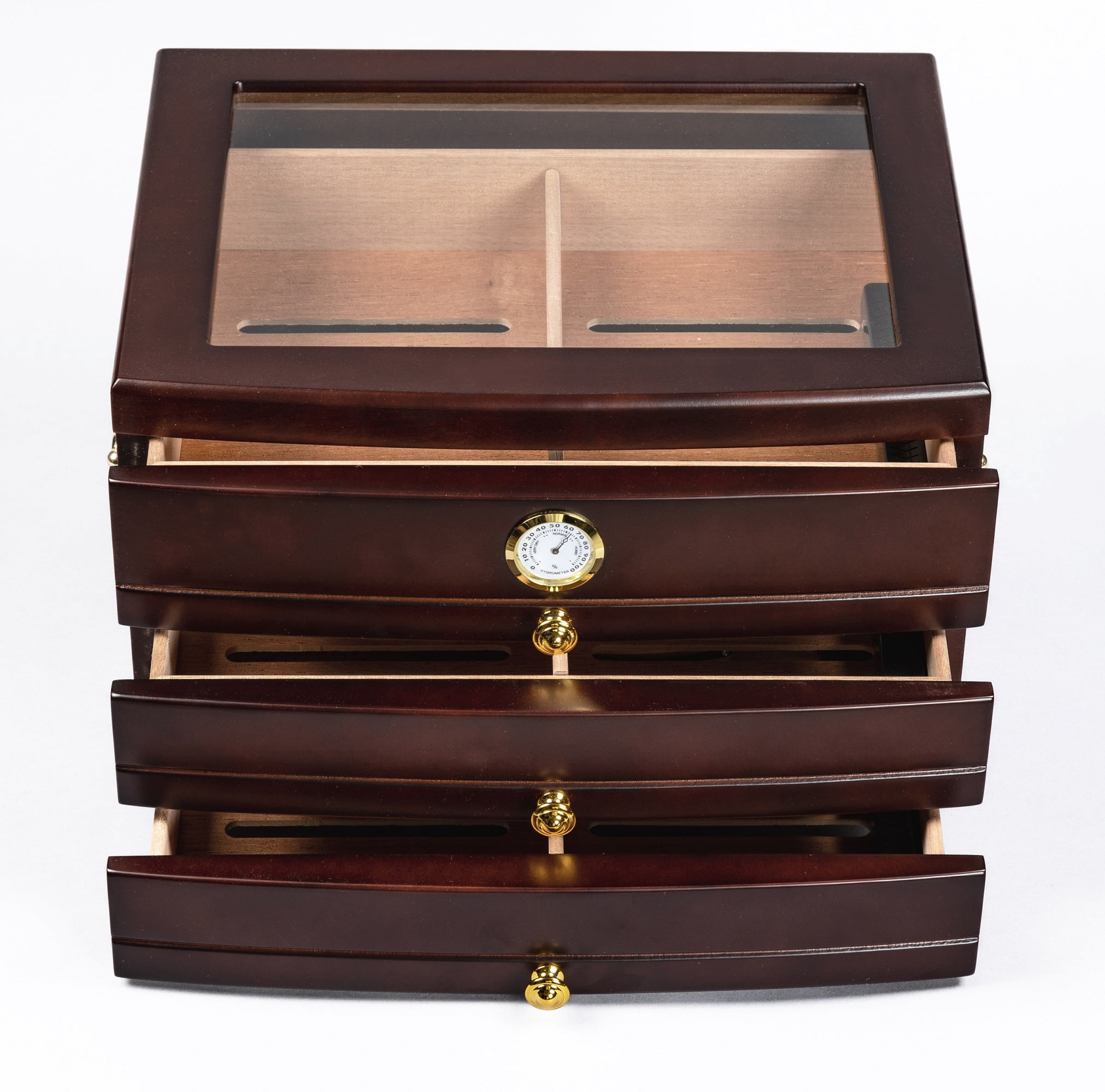 Regent Glass Top Cigar Humidor w/ 3 Drawers - Dark Mahogany Finish - Capacity: 75