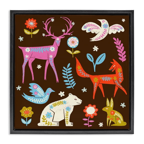 Stupell Industries Bohemian Forest Folk Animals with Florals Black Floating Frame Canvas Art, 18 x 18, by Hannah Moren