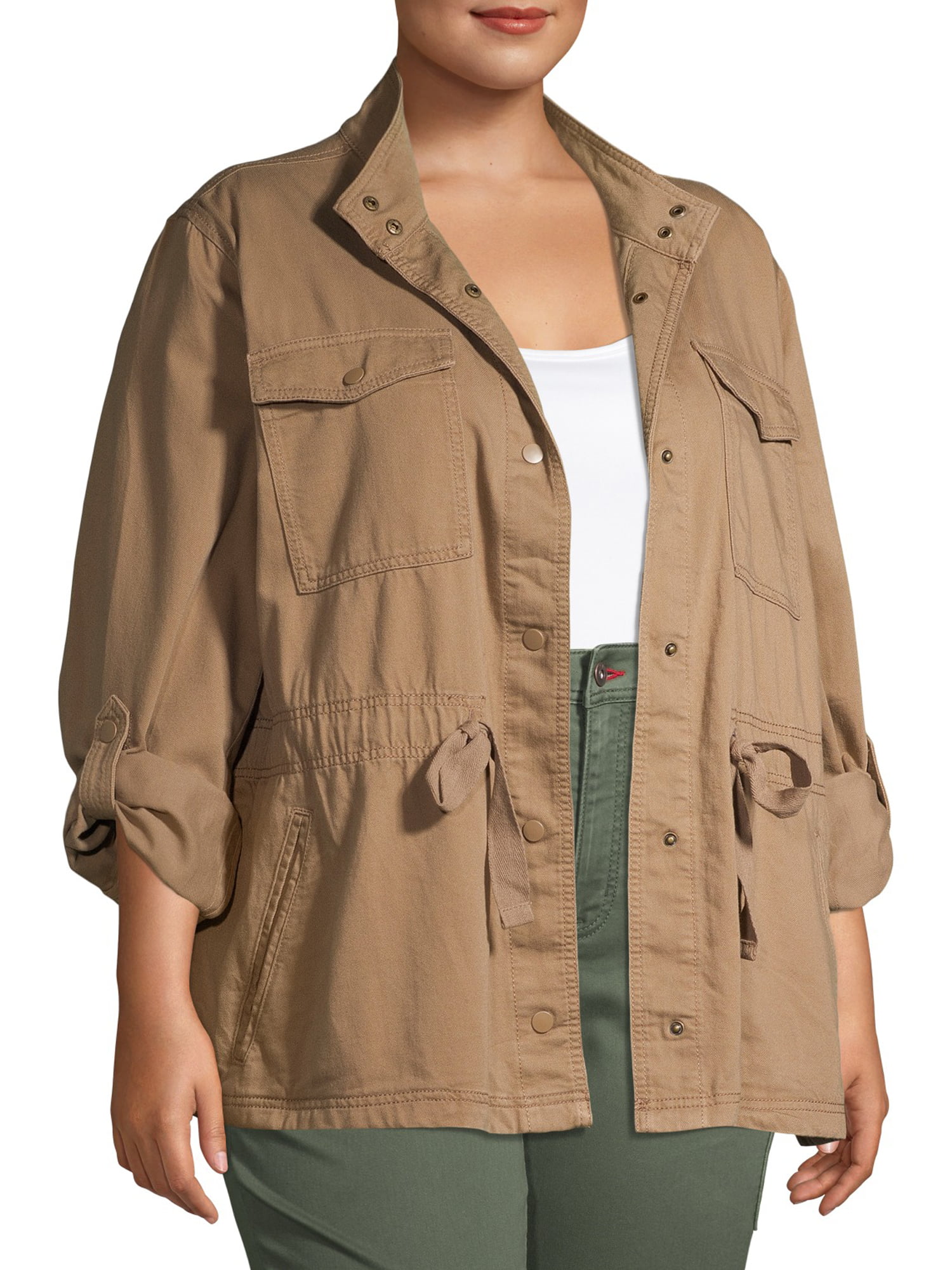 Women's Plus-Size Cargo Utility Jacket With Faux Leather Sleeves
