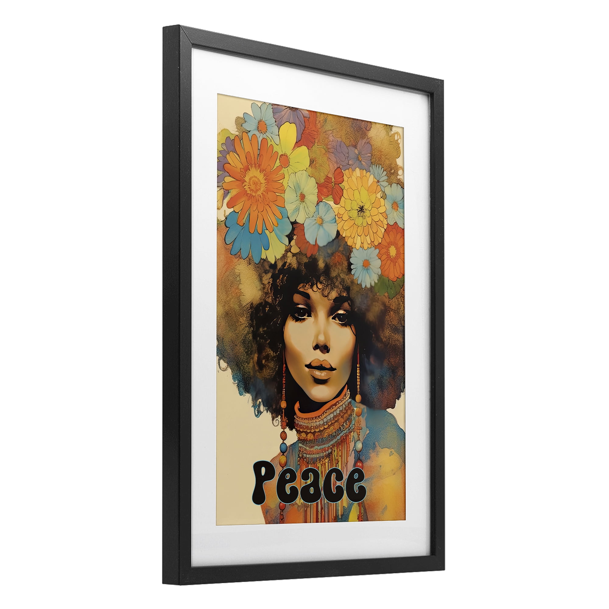 Peace Groovy Afro Girl Black Framed Print Under Glass, design by Sasha