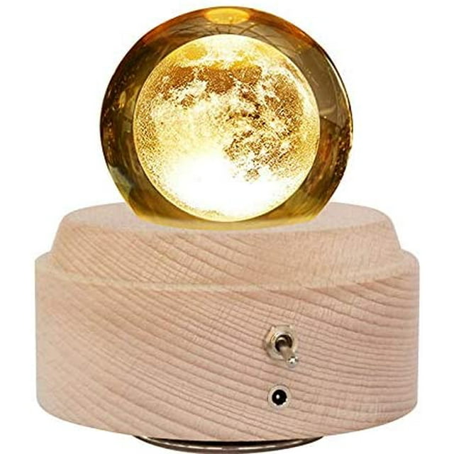 3D Crystal Ball Music Box Luminous Rotating Musical Box with Projection LED Light and Wood Base Best Gift for Birthday Christmas Valentine's Day Home Decor Wooden Music Box (Moon)