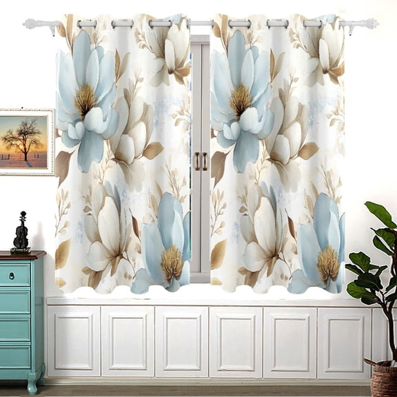 Blue and Beige Magnolias Blackout Curtains for Living Room Bedroom 55W x 54L Insulated Window Drapes 2 Panels