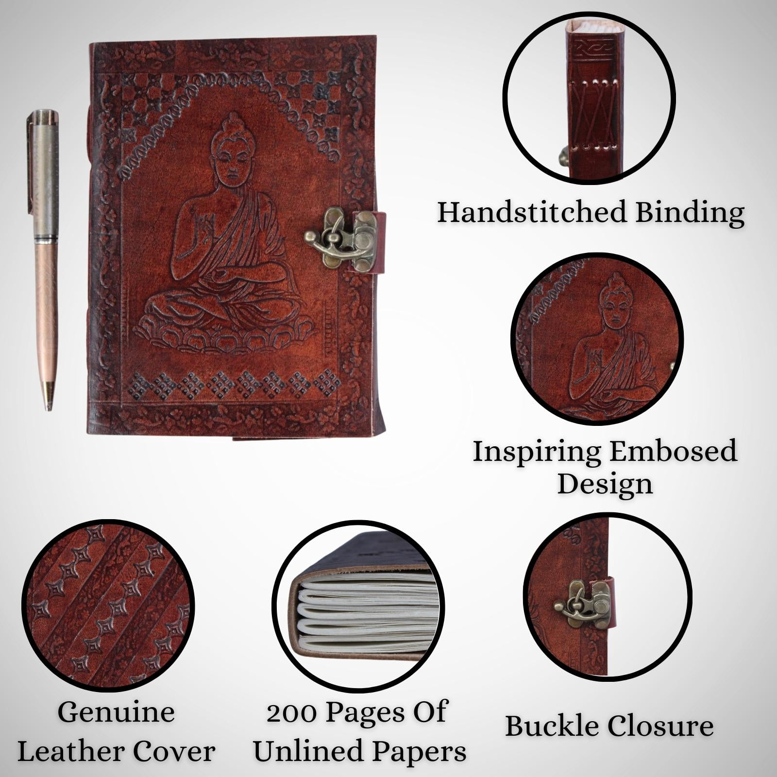 Buddha Embossed Handmade Leather Diary Bound Writing Journal Notebook Diary Notepad Unlined Paper Sketchbook Drawing Journal For Men & Women Blank Paper 7 X 5