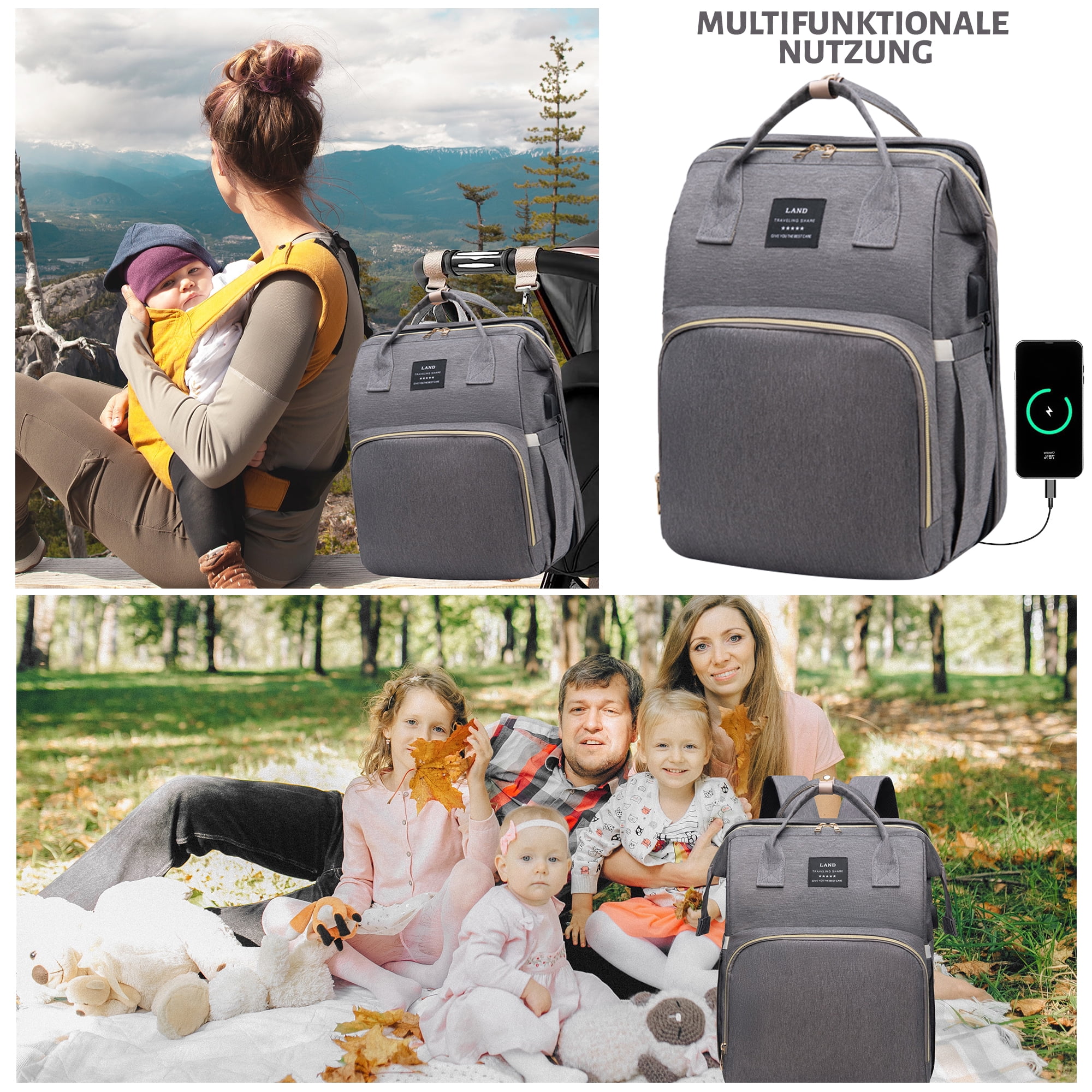 Bozvloh Large Baby Diaper Bag Backpack with USB Charging Port & Stroller Straps, Gray