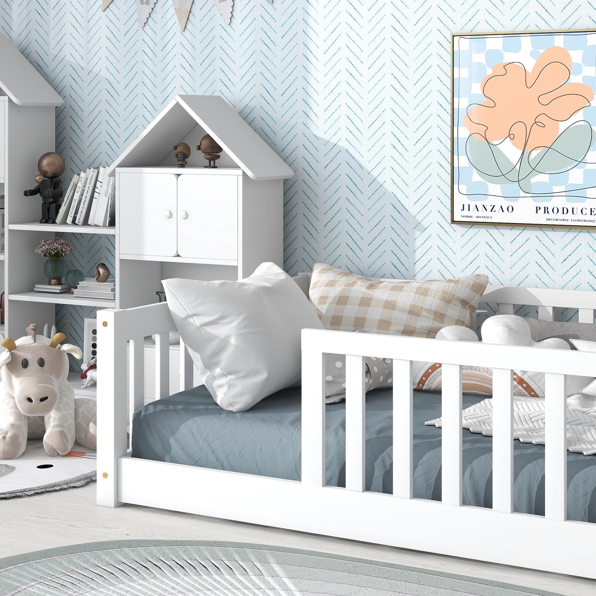 Sailvan Twin Floor Bed with Safety Guardrails,Solid Rubber Wood Fence Kids Bed Frame White