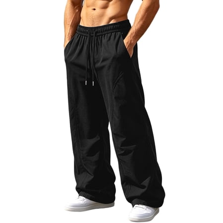 Big & Tall Men s Streetwear Pants Baggy Wide Leg Open Bottom Lightweight Drawstring Elastic Waist with Pockets Fashion Hip Hop Style Black XXL