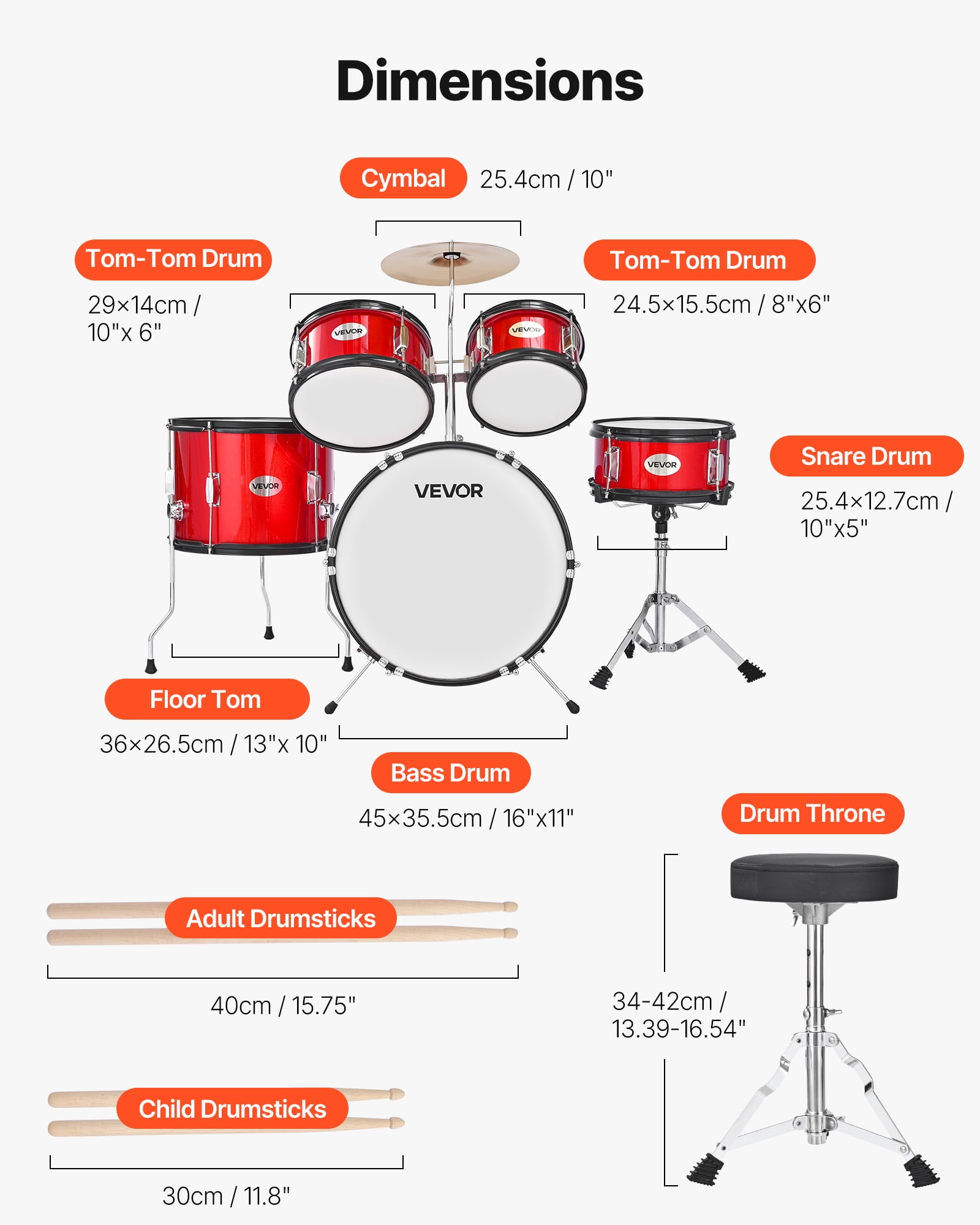 VEVOR Kids Drum Set, 5-Piece 16 in Junior Drum Sets, Beginner Drums Set with Adjustable Throne, Cymbal & Two Pairs of Drumsticks(Red)