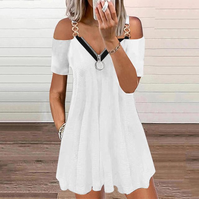 ICHUANYI Clearance Women Casual Zipper Printing V-Neck Strapless Sexy Sling Short Dress(White, S) ICHUANYI WER2023080914973