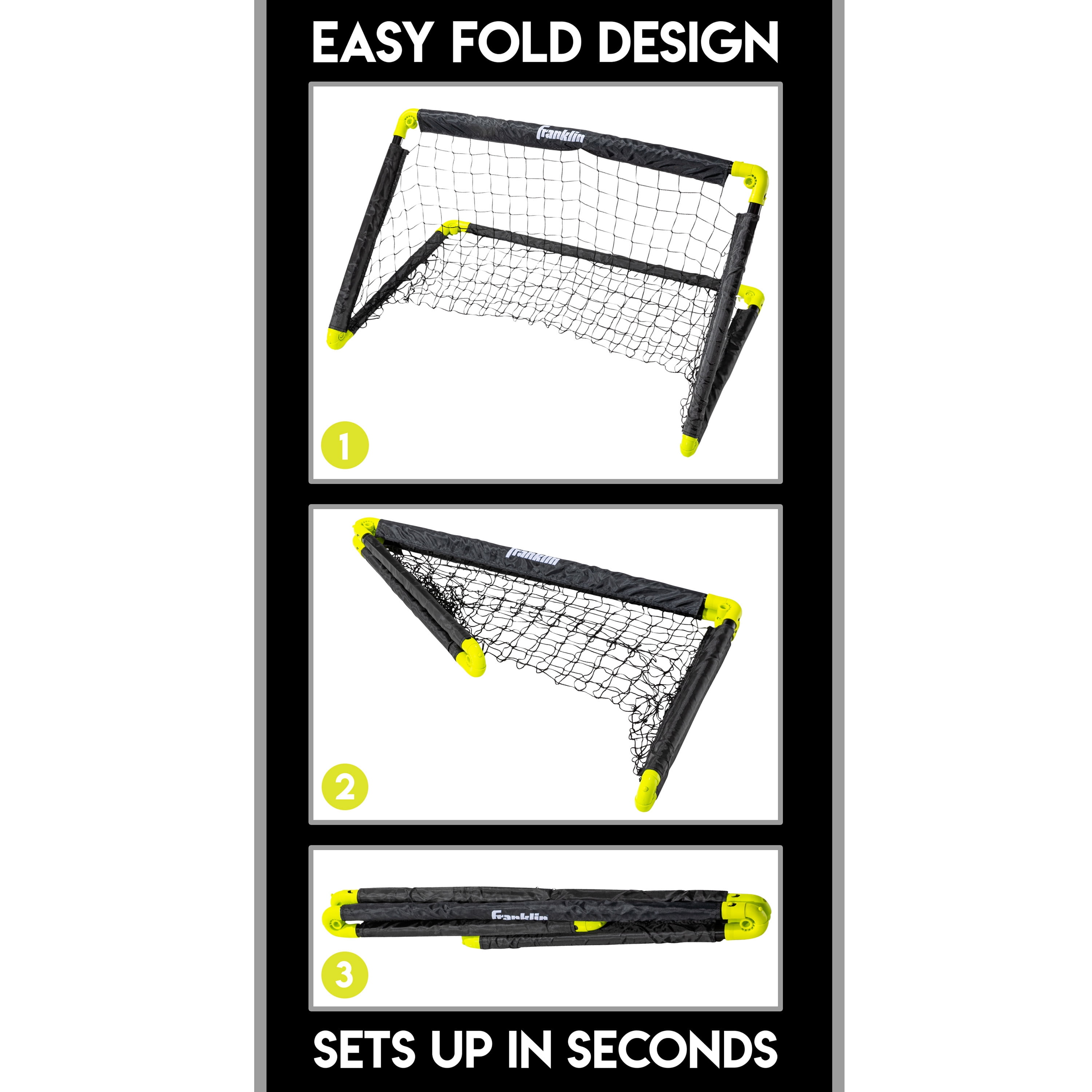 Franklin Sports Kids Mini Soccer Goal Set - Backyard/Indoor Net + Ball Set with Pump - Portable Folding Youth Goal Set - Black + Yellow - 36" x 24"