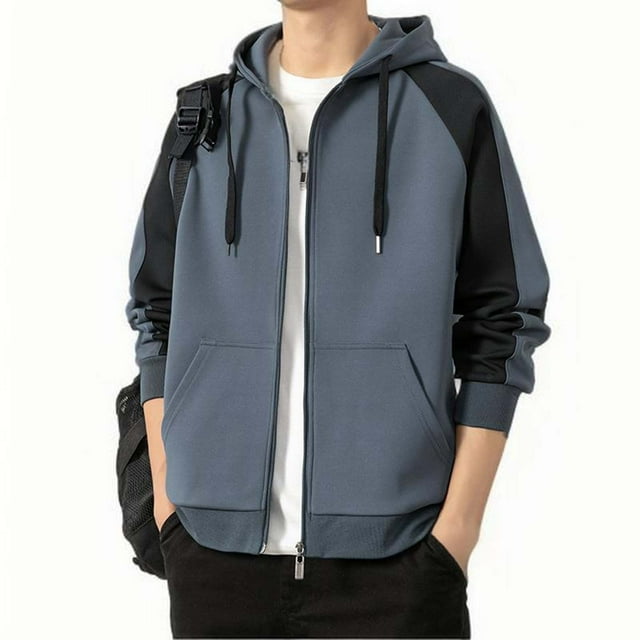 Men's Color Block Hooded Coat with Drawstring and Zipper Pockets for Casual and Outdoor Wear