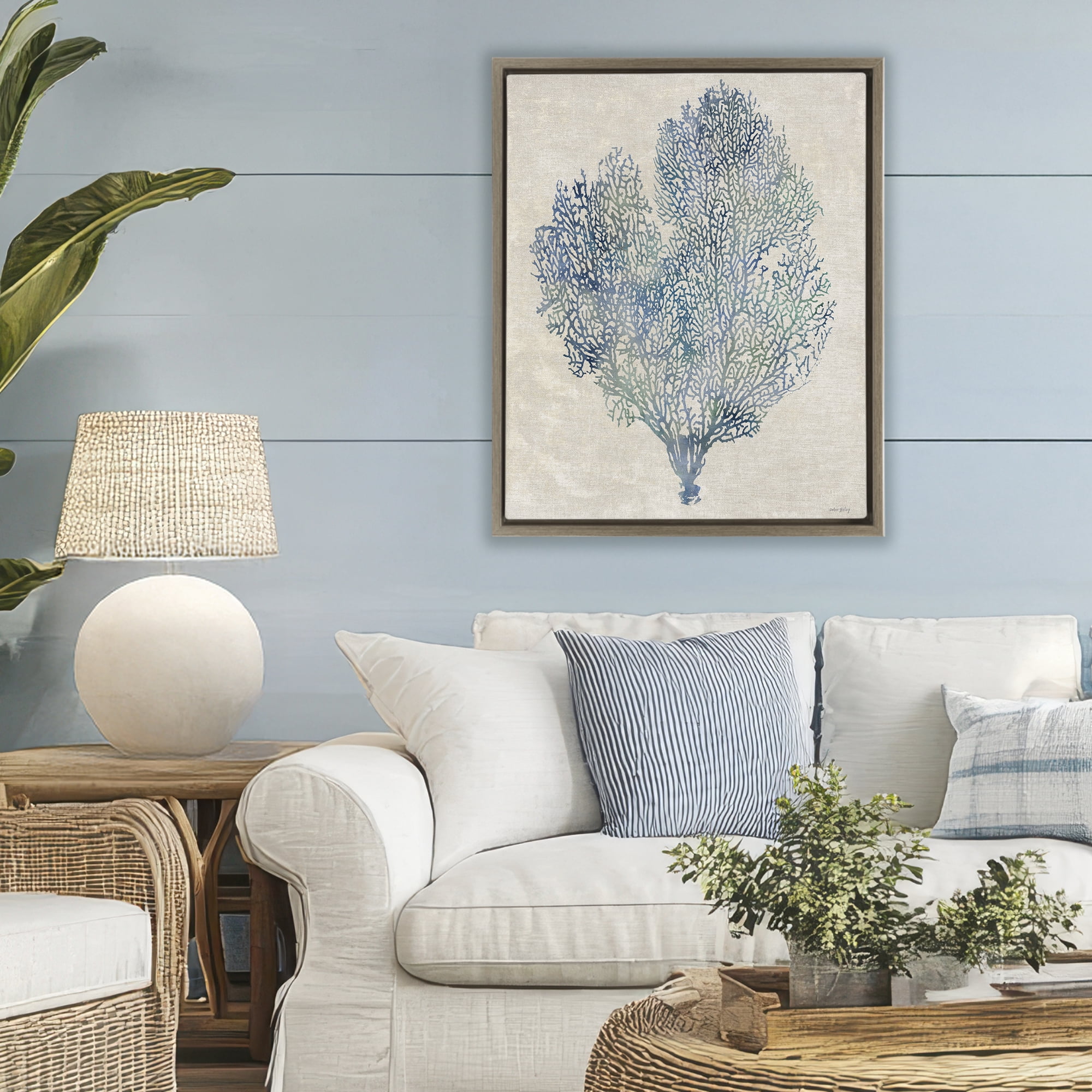 Stupell Industries Fan Coral in Blue & Green Brown Framed Floater Canvas Wall Art, design by Amber Sterling