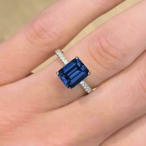 2Ct Emerald Cut Lab Created Blue Sapphire Solitaire Ring 14k White Gold Plated