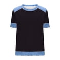 thumbnail image 4 of Craaazy Women's Solid Color Waffle Knit Crewneck Short Sleeve Denim Prints Trim Blouse Loose Fit Casual Top Gifts, 4 of 5