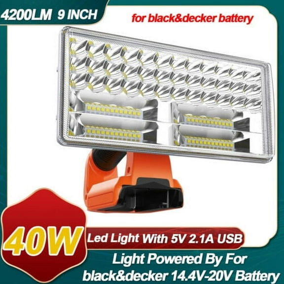 40W LED Work Light For Black and Decker 14.4V-20V Lithium Battery Cordless Flashlight Portable Lantern with USB Port 9 inches