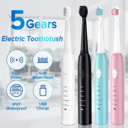 Morttic USB Rechargeable Sonic Electric Toothbrush Clean Massage Timer 5 Modes 4* Heads For Adults Pink