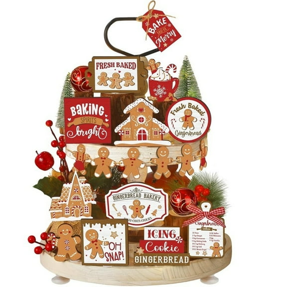 18 Pcs Christmas Gingerbread Man Tiered Tray Decor Set Gingerbread Christmas Decorations Wooden Gingerbread Man Sign Christmas Table Decor for Xmas Winter Home Office Table Centerpiece