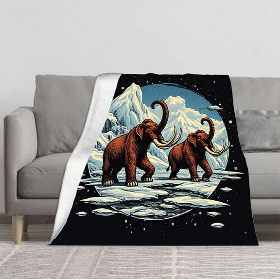 Cozy Flannel Blanket with Woolly Mammoth Design - Soft Warm Perfect for Sofa Travel Bed & Chair - Snowy Landscape Pattern