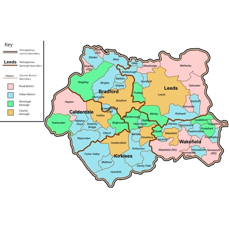 24x36in Laminated West Yorkshire County Map Poster. Great Britain